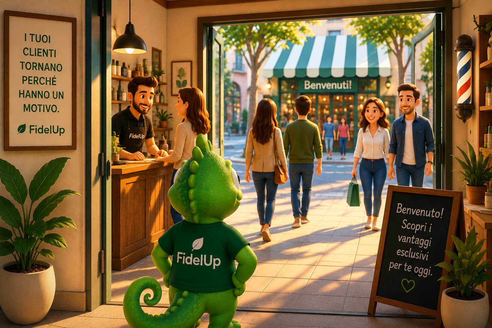 L'ingresso di un negozio con il materiale FidelUp: i clienti entrano ed escono mentre la mascotte accoglie